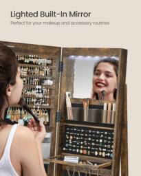SONGMICS LED Mirror Standing Jewellery Cabinet with Lockable Armoire in Brown - thumbnail 7