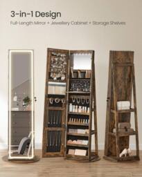 SONGMICS LED Mirror Standing Jewellery Cabinet with Lockable Armoire in Brown - thumbnail 3