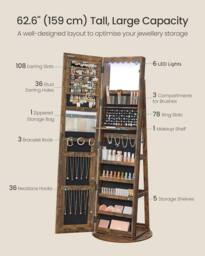 SONGMICS LED Mirror Standing Jewellery Cabinet with Lockable Armoire in Brown - thumbnail 6