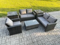 Fimous Rattan Garden Furniture Set 5 Seater Patio Outdoor Lounge Sofa Chair Set with 2 Side Tables Rectangular Coffee Table Dark Grey Mixed - thumbnail 2