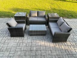 Fimous Rattan Garden Furniture Set 5 Seater Patio Outdoor Lounge Sofa Chair Set with 2 Side Tables Rectangular Coffee Table Dark Grey Mixed - thumbnail 1
