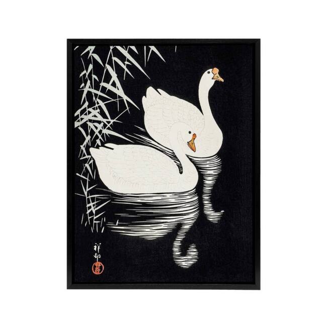 "Artery8 Geese Swimming By Reeds Framed Canvas Wall Art Print Ohara Koson in Black - Size: W12"" x H16""" - image 1