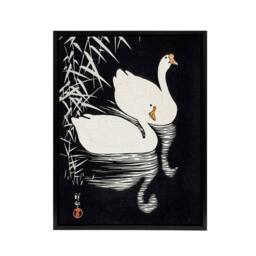 "Artery8 Geese Swimming By Reeds Framed Canvas Wall Art Print Ohara Koson in Black - Size: W12"" x H16""" - thumbnail 1