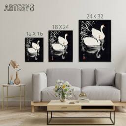 "Artery8 Geese Swimming By Reeds Framed Canvas Wall Art Print Ohara Koson in Black - Size: W12"" x H16""" - thumbnail 4