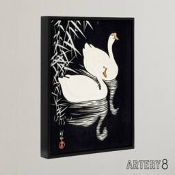 "Artery8 Geese Swimming By Reeds Framed Canvas Wall Art Print Ohara Koson in Black - Size: W12"" x H16""" - thumbnail 2