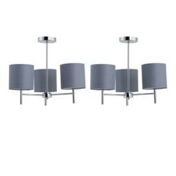 First Choice Lighting Set of 2 Brea - Chrome 3 Light Fittings with Grey Cotton Shades in Silver