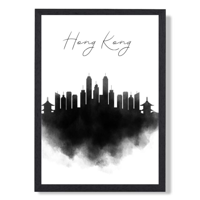 ARTZE Hong Kong Watercolour Skyline City Framed Print SIZE: A4 with Black Frame - Size: A3 - image 1