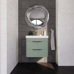 Balterley Wave 600mm Wall Hung 2 Drawer & Thin-Edge Ceramic Basin - Satin Green - thumbnail 2