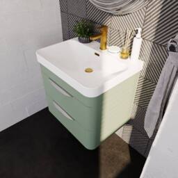 Balterley Wave 600mm Wall Hung 2 Drawer & Thin-Edge Ceramic Basin - Satin Green - thumbnail 3