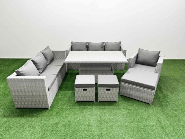 Fimous 6 PCs Rising Dining Table Set Rattan Furniture Set with 3 Seater Sofa in Light Grey - image 1
