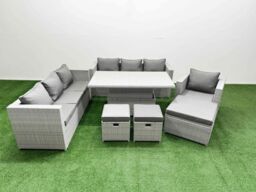 Fimous 6 PCs Rising Dining Table Set Rattan Furniture Set with 3 Seater Sofa in Light Grey - thumbnail 2