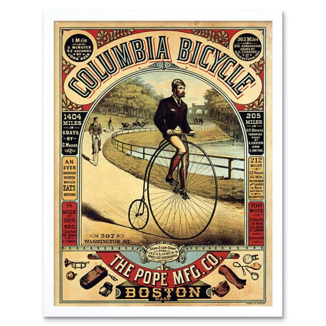 "Artery8 Wall Art Print Penny Farthing Bicycle Boston Usa Cycling Vintage Advert Art Framed in White - Size: W12"" x H16""" - image 1