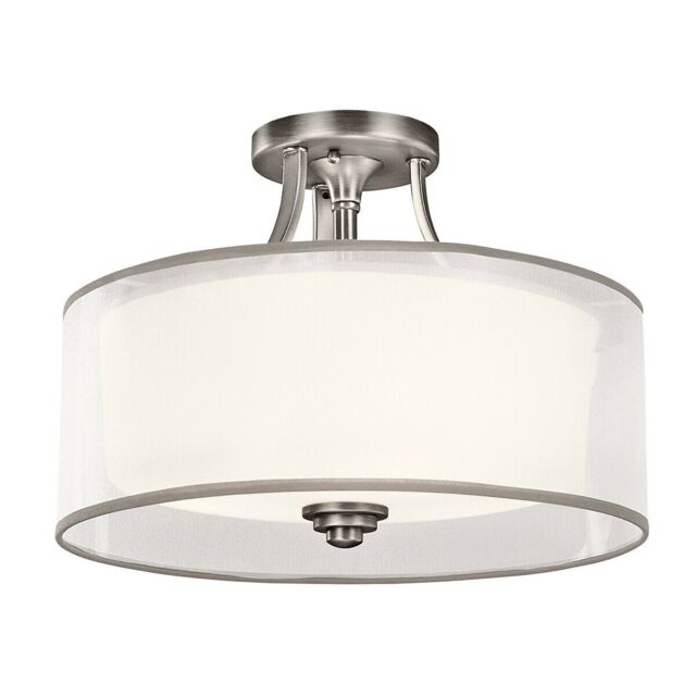 Loops 3 Bulb Semi Flush Light WHITE ORGANAZA Shade Antique Pewter LED E27 60W Bulb