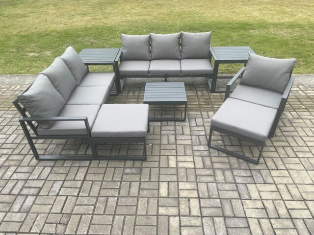 Fimous Aluminium Outdoor Lounge Sofa Set Garden Furniture Sets with Square Coffee Table Chair 2 Big Footstools 2 Side Tables Dark Grey - image 1