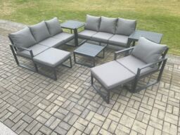 Fimous Aluminium Outdoor Lounge Sofa Set Garden Furniture Sets with Square Coffee Table Chair 2 Big Footstools 2 Side Tables Dark Grey - thumbnail 2