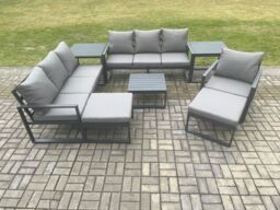 Fimous Aluminium Outdoor Lounge Sofa Set Garden Furniture Sets with Square Coffee Table Chair 2 Big Footstools 2 Side Tables Dark Grey - thumbnail 1
