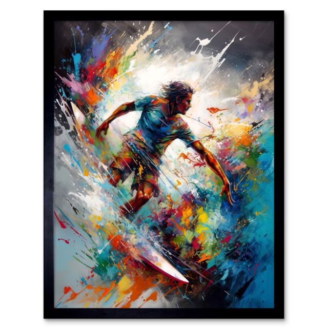"Artery8 Wall Art Print Surfer Surfing on Rainbow Paint Splat Waves Art Framed in Black - Size: W12"" x H16""" - image 1