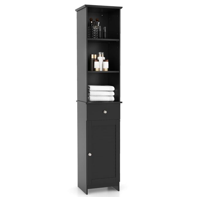 Gymax 164 CM Tall Bathroom Cabinet With 3 Open Shelves & Adjustable Shelves in Black - image 1