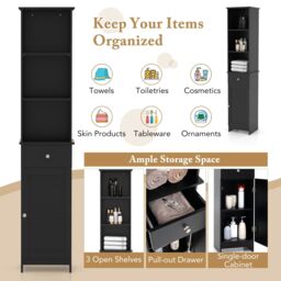 Gymax 164 CM Tall Bathroom Cabinet With 3 Open Shelves & Adjustable Shelves in Black - thumbnail 6