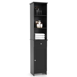 Gymax 164 CM Tall Bathroom Cabinet With 3 Open Shelves & Adjustable Shelves in Black