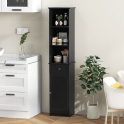 Gymax 164 CM Tall Bathroom Cabinet With 3 Open Shelves & Adjustable Shelves in Black - thumbnail 4