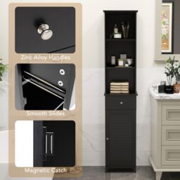 Gymax 164 CM Tall Bathroom Cabinet With 3 Open Shelves & Adjustable Shelves in Black - thumbnail 5