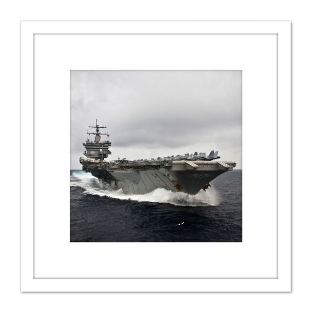 Artery8 Military USA Navy USS Enterprise Aircraft Carrier Photo 8X8 Inch Square Wooden Framed Wall Art Print Picture with Mount in White - image 1