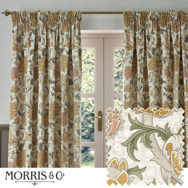 Morris & Co Cray Floral Velvet Room Darkening Pencil Pleat Curtains in Stone - Size: 229 cm width x 229 cm drop - image 1