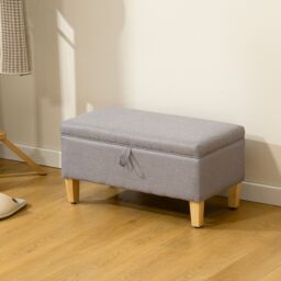 HOMCOM Linen Storage Ottoman Storage Box with Rubberwood Legs in Light Grey - thumbnail 1