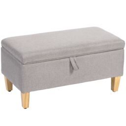 HOMCOM Linen Storage Ottoman Storage Box with Rubberwood Legs in Light Grey - thumbnail 2