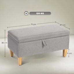 HOMCOM Linen Storage Ottoman Storage Box with Rubberwood Legs in Light Grey - thumbnail 3