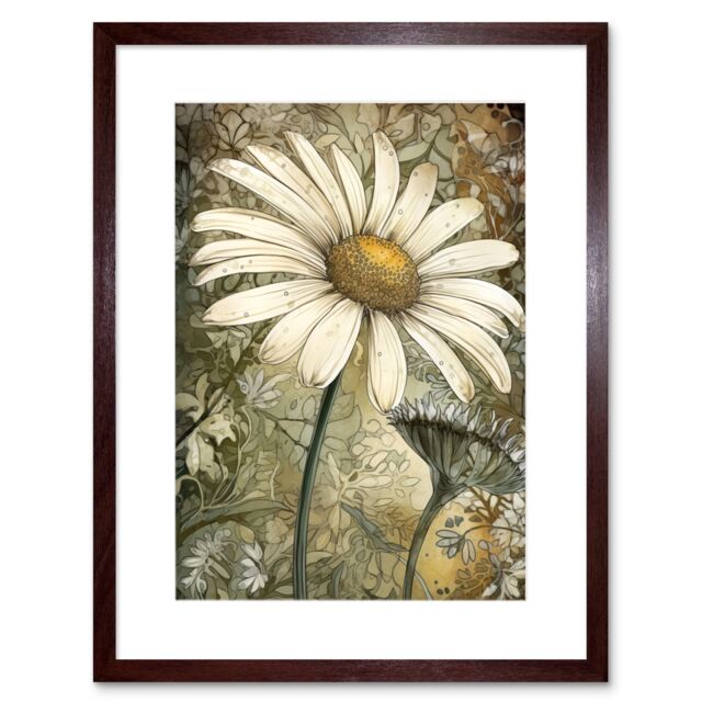 "Artery8 Wall Art Print Pastel Watercolour Daisy Flower Bloom Artwork Framed 9X7 Inch in Brown - Size: W7"" x H9""" - image 1