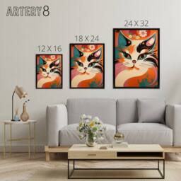 "Artery8 Cat Retro Boho Flower Power Floral Framed Canvas Wall Art Print - Size: W18"" x H24""" - thumbnail 4
