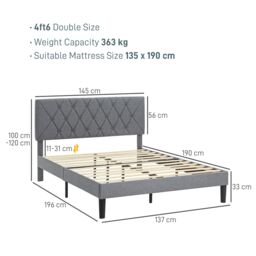 HOMCOM Linen Bed Frame with 5-Level Headboard, Wooden Slats Mattress Foundation in Grey - Size: Double - thumbnail 3