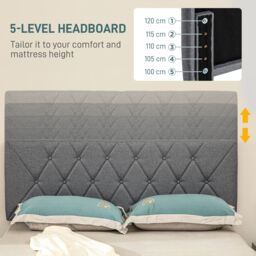 HOMCOM Linen Bed Frame with 5-Level Headboard, Wooden Slats Mattress Foundation in Grey - Size: Double - thumbnail 4