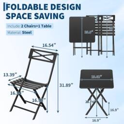 London Boutique 3PCS Folding Bistro Set Patio Furniture Set Dining Table & 2 Chairs in Black - thumbnail 6