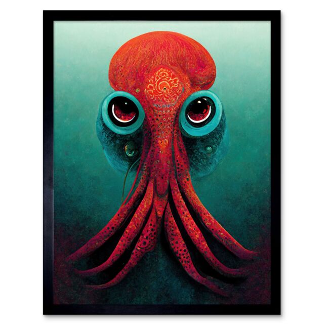 "Artery8 Wall Art Print Modern Vibrant Red & Teal Octopus Art Framed in Black - Size: W12"" x H16""" - image 1
