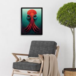 "Artery8 Wall Art Print Modern Vibrant Red & Teal Octopus Art Framed in Black - Size: W12"" x H16""" - thumbnail 2