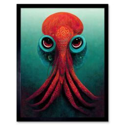 "Artery8 Wall Art Print Modern Vibrant Red & Teal Octopus Art Framed in Black - Size: W12"" x H16""" - thumbnail 1