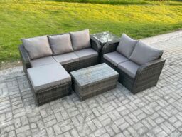 Fimous 6 Seater Rattan Wicker Garden Furniture Patio Conservatory Sofa Set with Rectangular Coffee Table 3 Seater Sofa Big Footstool Side Table - thumbnail 1