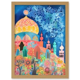 Artery8 Islamic Mosque At Night Folk Art Watercolour Painting Artwork Framed Wall Art Print A4 in Light Oak - thumbnail 1