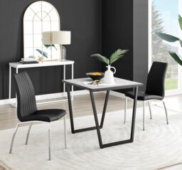 FurnitureboxUK Carson White Marble Effect Square Dining Table & 2 Faux Leather Isco Chairs in Black - thumbnail 1