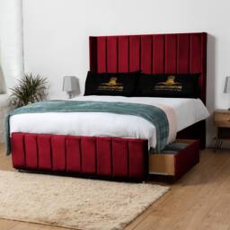UK Bed Furniture Arizona Wingback Divan Bed with 54Inch Headboard & 2 Drawer Foot End in Maroon - Size: Small Double