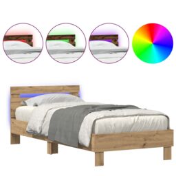 Berkfield Home Bed Frame with LED Lights Artisan Oak 75x190 cm Engineered Wood in Brown - thumbnail 4
