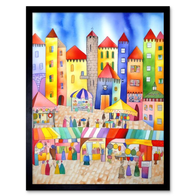 "Artery8 Wall Art Print Market Square Scene Folk Art Watercolour Painting Art Framed in Black - Size: W12"" x H16""" - image 1
