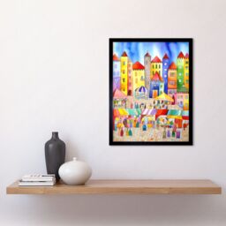 "Artery8 Wall Art Print Market Square Scene Folk Art Watercolour Painting Art Framed in Black - Size: W12"" x H16""" - thumbnail 2