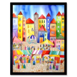"Artery8 Wall Art Print Market Square Scene Folk Art Watercolour Painting Art Framed in Black - Size: W12"" x H16""" - thumbnail 1
