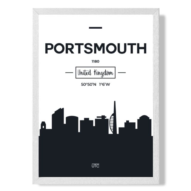 ARTZE Portsmouth Black & White City Skyline Framed Print SIZE: A4 with White Frame - image 1