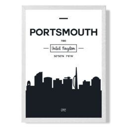 ARTZE Portsmouth Black & White City Skyline Framed Print SIZE: A4 with White Frame - thumbnail 1
