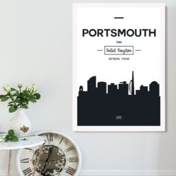 ARTZE Portsmouth Black & White City Skyline Framed Print SIZE: A4 with White Frame - thumbnail 2